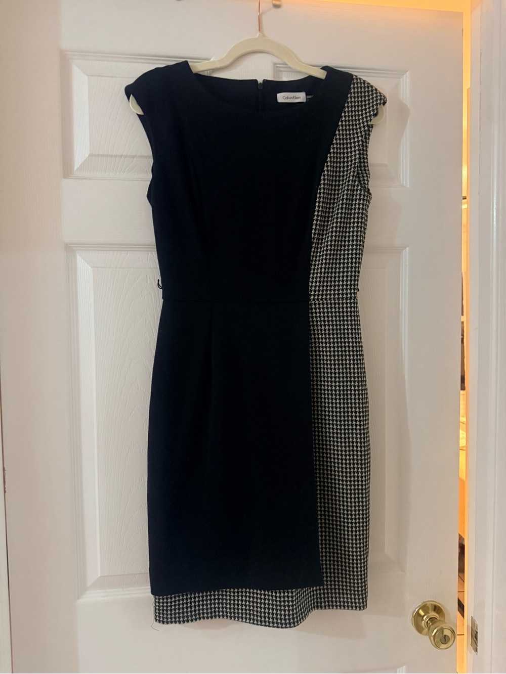 Calvin Klein Black and White Houndstooth Paneled Midi Dress